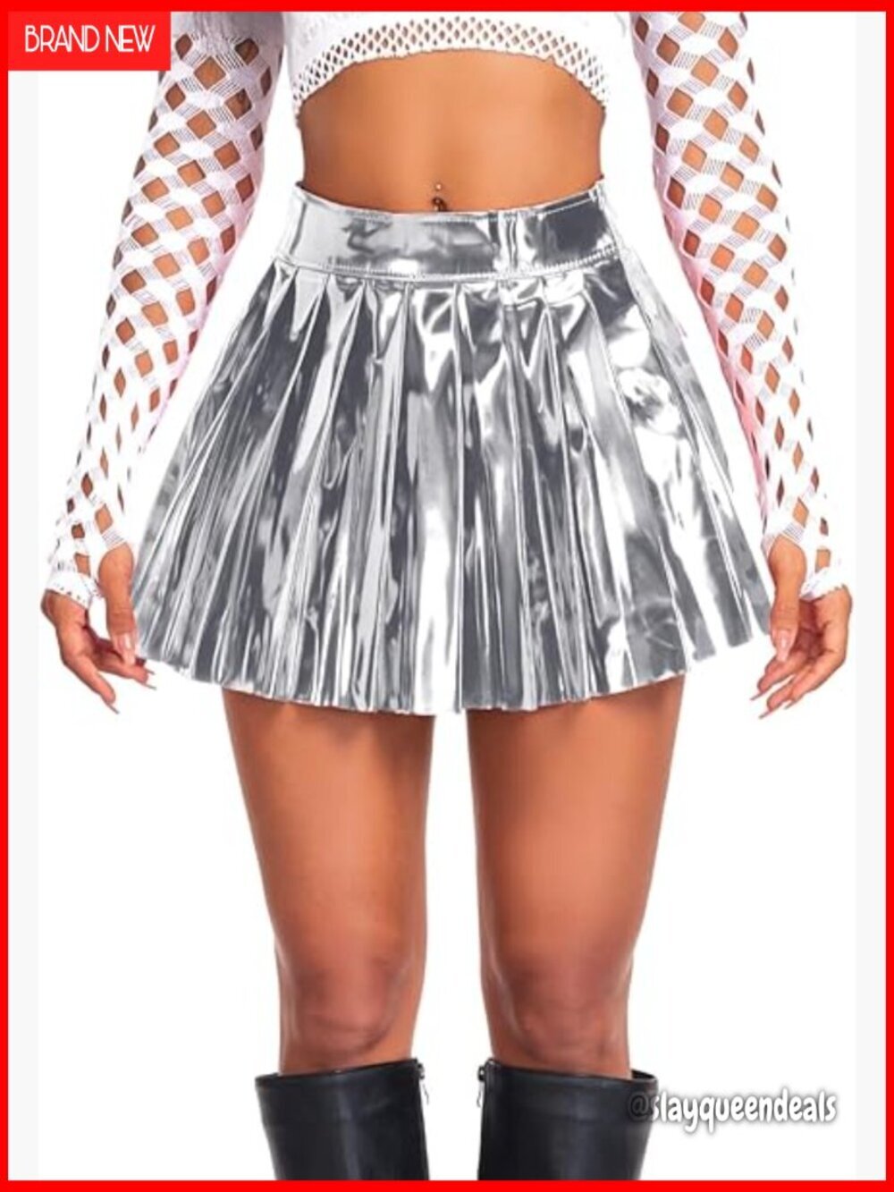 Metallic Wet Look Pleated Mini Skirt Slim Fit Zipper Closure